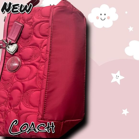 New NWT Coach Signature Stitched Nylon Tote – F17668 (Pomegranate) - Picture 7 of 10